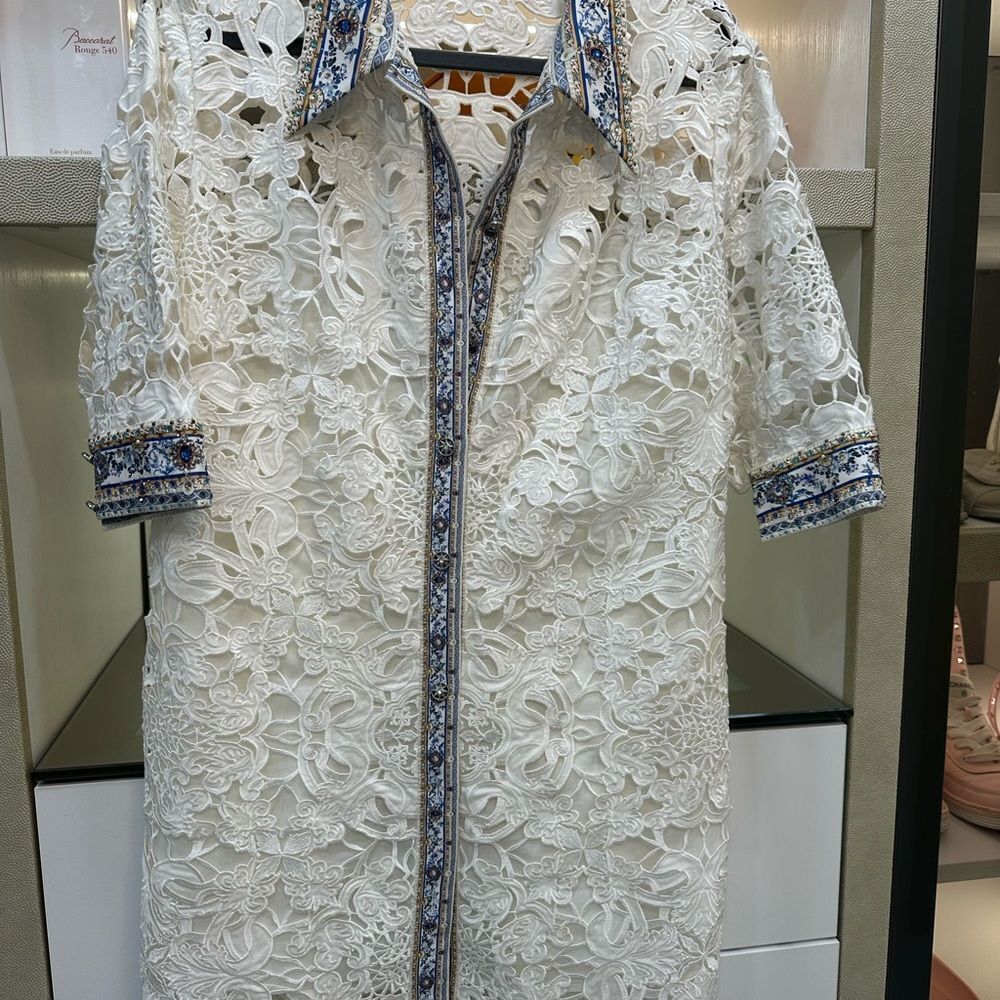 White Lace Shirt Dress with Blue Trim - Picture 4 of 10